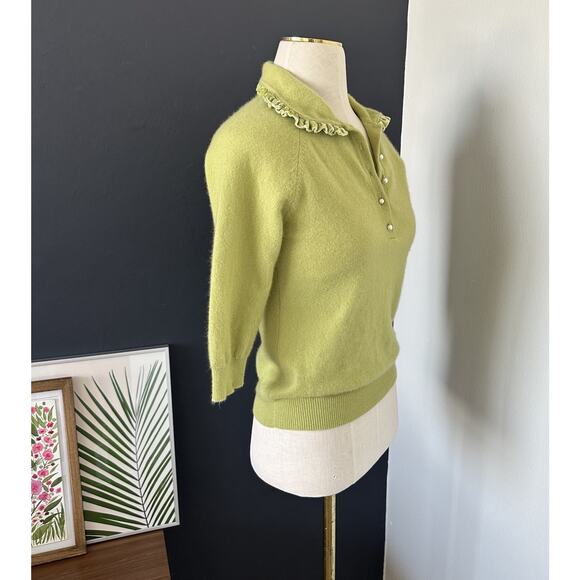 Cynthia Steffe Cashmere Pistachio Green Pearl Button Sweater Peter Pan Preppy - Picture 3 of 8
